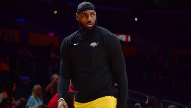 LeBron James warms up before a game.